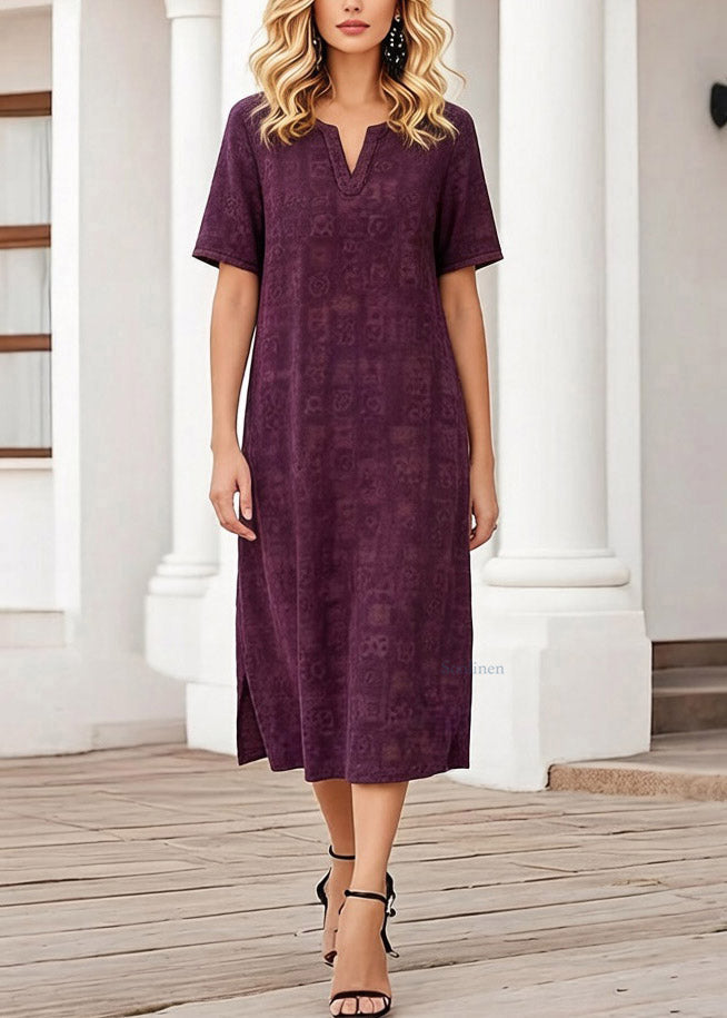 Purple Print Patchwork Silk Long Dress Short Sleeve