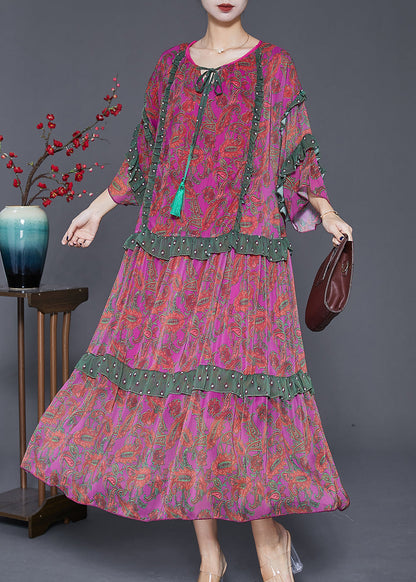 Purple Red Print Ruffled Chiffon Party Dress Summer