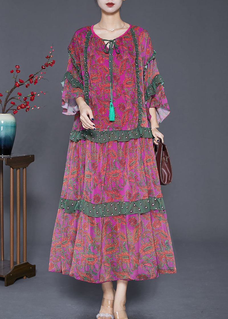 Purple Red Print Ruffled Chiffon Party Dress Summer
