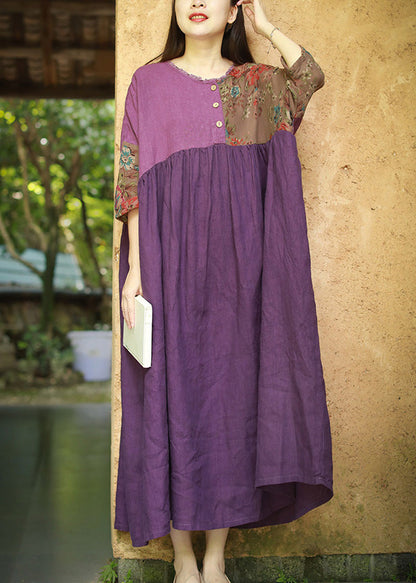 Purple Ruffled Wrinkled Cotton Dresses Half Sleeve