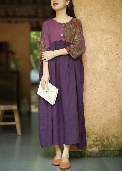 Purple Ruffled Wrinkled Cotton Dresses Half Sleeve