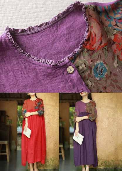 Purple Ruffled Wrinkled Cotton Dresses Half Sleeve