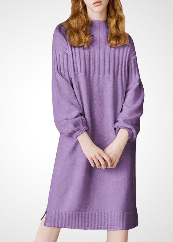 Purple Stand Collar Thick Wool Long Knit Dress Winter