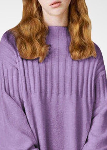 Purple Stand Collar Thick Wool Long Knit Dress Winter