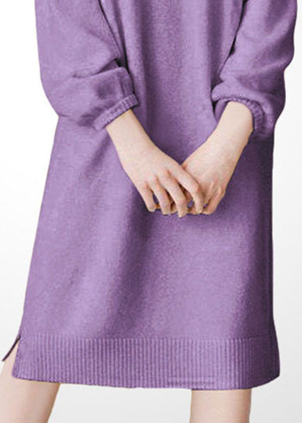 Purple Stand Collar Thick Wool Long Knit Dress Winter