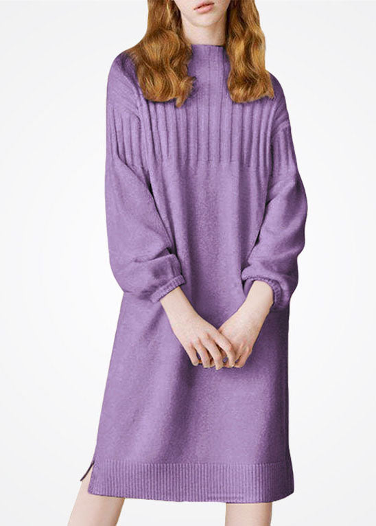 Purple Stand Collar Thick Wool Long Knit Dress Winter