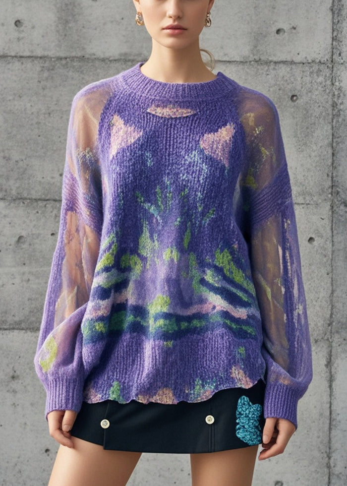 Purple Tie Dye Hollow Out Knit Pullover Fall