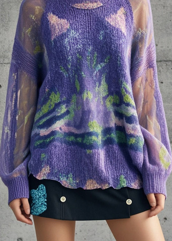 Purple Tie Dye Hollow Out Knit Pullover Fall
