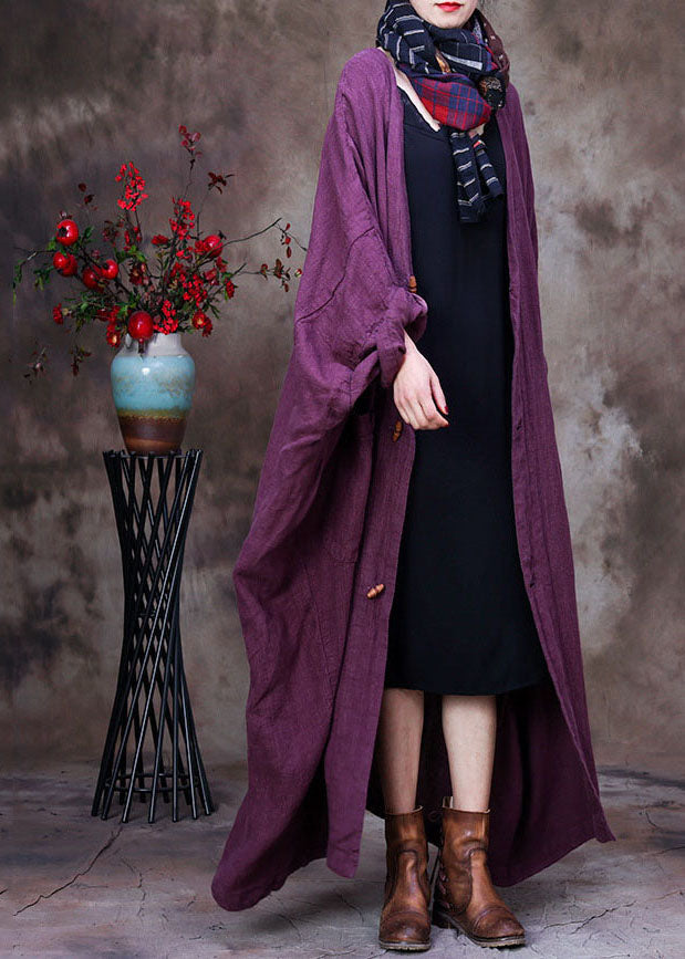 Purple V Neck Linen Coat Outwear Long Sleeve