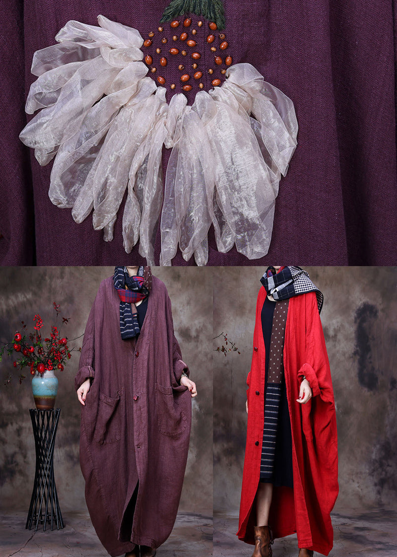 Purple V Neck Linen Coat Outwear Long Sleeve