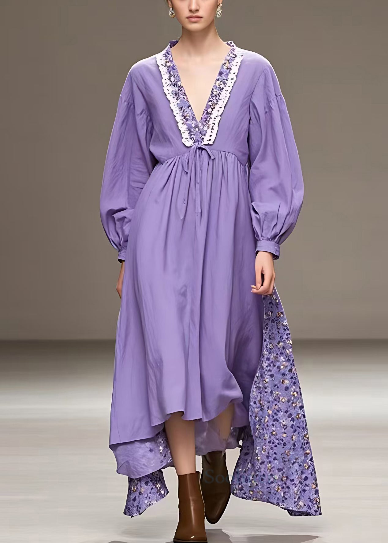Purple V Neck High Waist Patchwork Cotton Maxi Dress Fall
