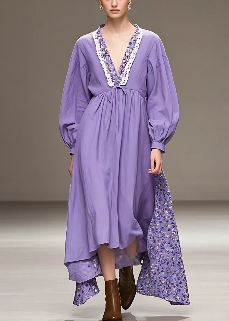 Purple V Neck High Waist Patchwork Cotton Maxi Dress Fall