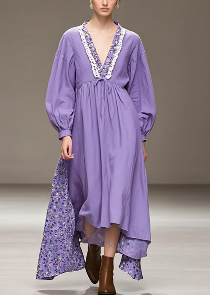 Purple V Neck High Waist Patchwork Cotton Maxi Dress Fall