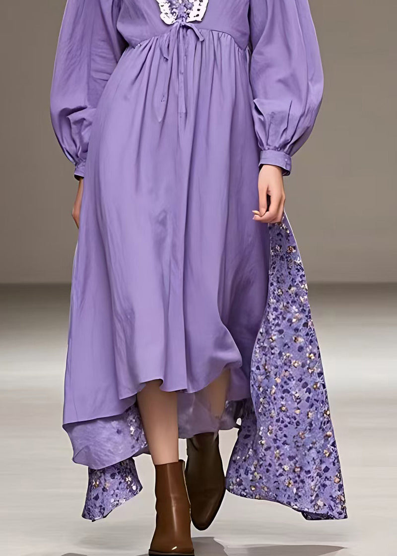 Purple V Neck High Waist Patchwork Cotton Maxi Dress Fall