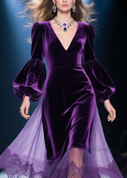 Purple V Neck Lace Tulle Patchwork Velvet Dress Spring