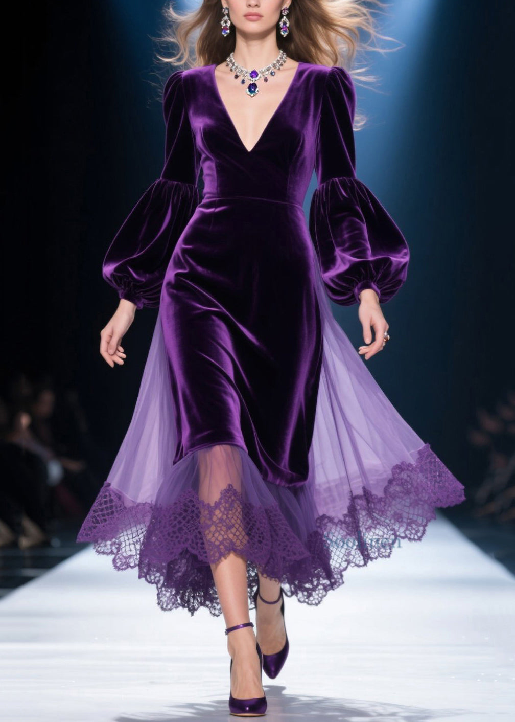 Purple V Neck Lace Tulle Patchwork Velvet Dress Spring