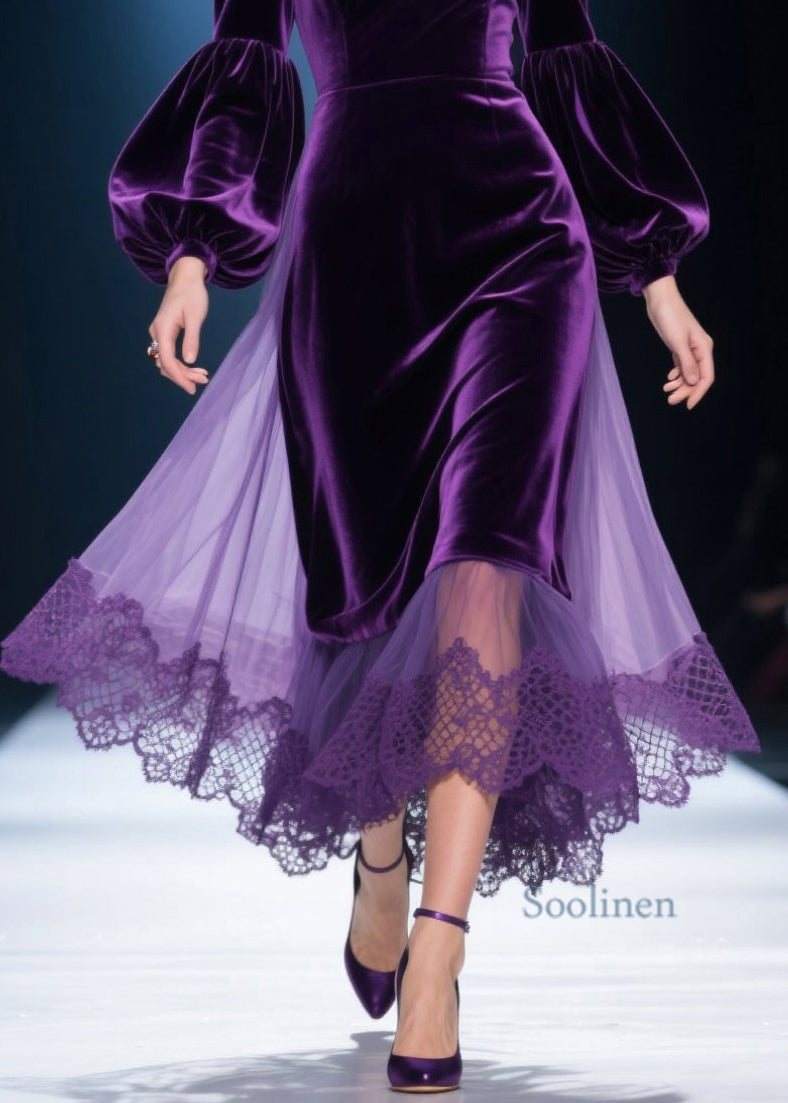 Purple V Neck Lace Tulle Patchwork Velvet Dress Spring