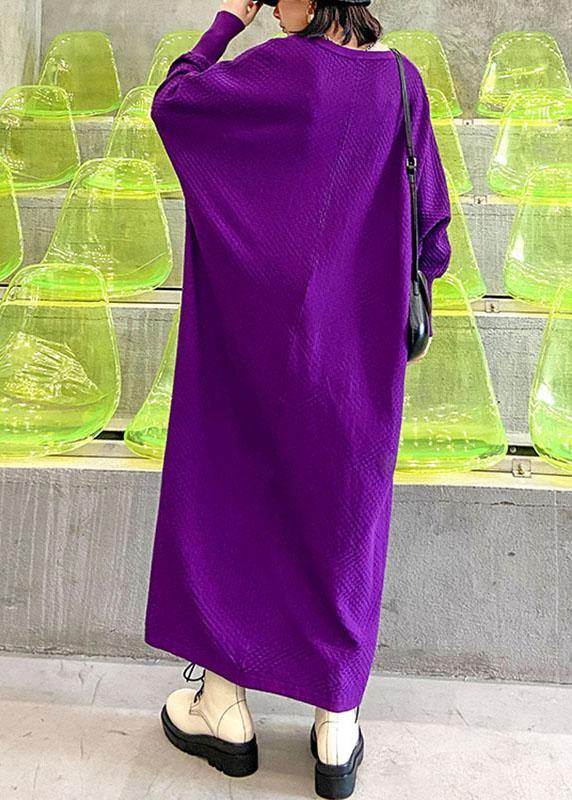 Purple V Neck Loose Fall Vacation Dresses Long Sleeve