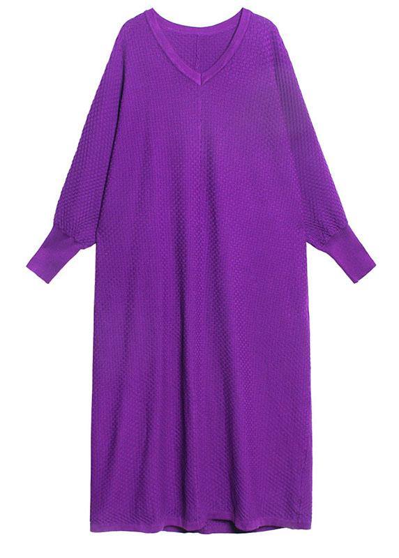Purple V Neck Loose Fall Vacation Dresses Long Sleeve