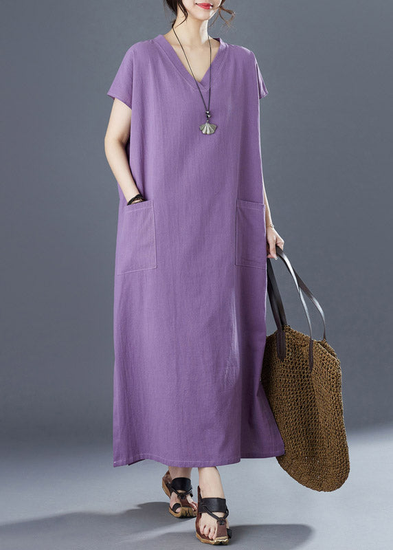 Purple V Neck Patchwork Long Dresses Short Sleeve