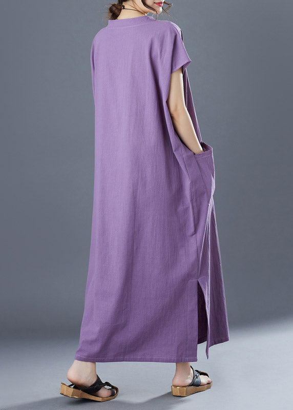 Purple V Neck Patchwork Long Dresses Short Sleeve