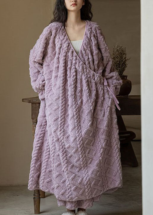 Purple V Neck Patchwork Thick Fluffy Robe Spring