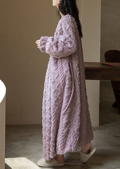 Purple V Neck Patchwork Thick Fluffy Robe Spring