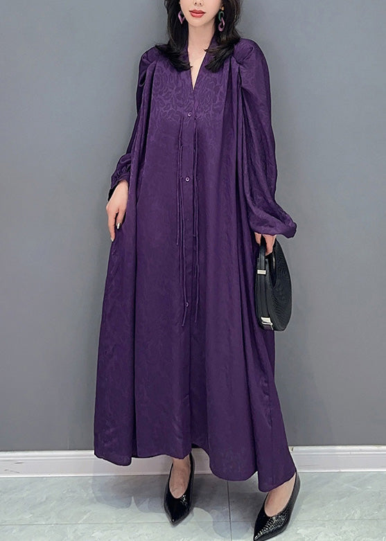 Purple V Neck Print Button Long Dresses Long Sleeve