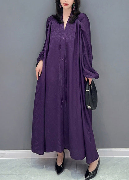 Purple V Neck Print Button Long Dresses Long Sleeve