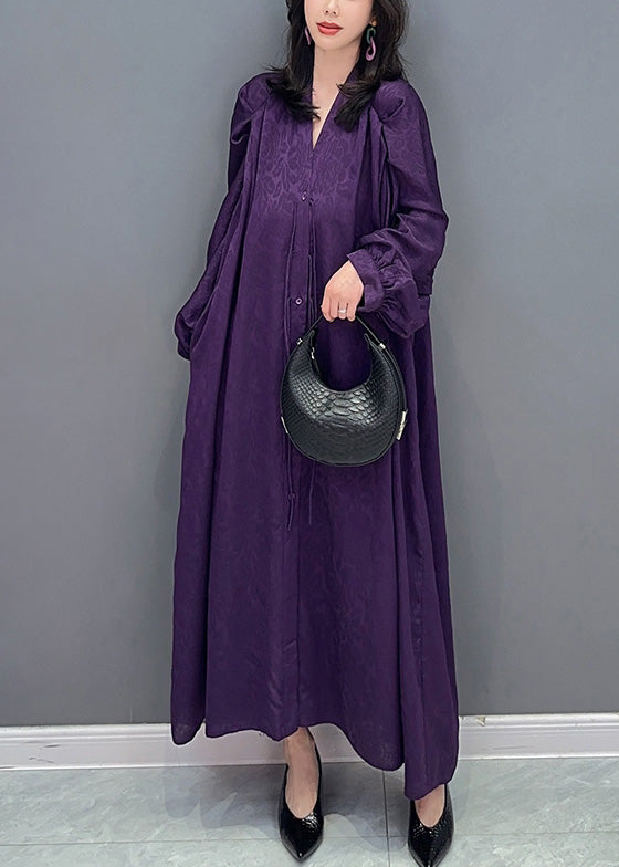 Purple V Neck Print Button Long Dresses Long Sleeve
