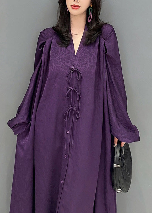 Purple V Neck Print Button Long Dresses Long Sleeve