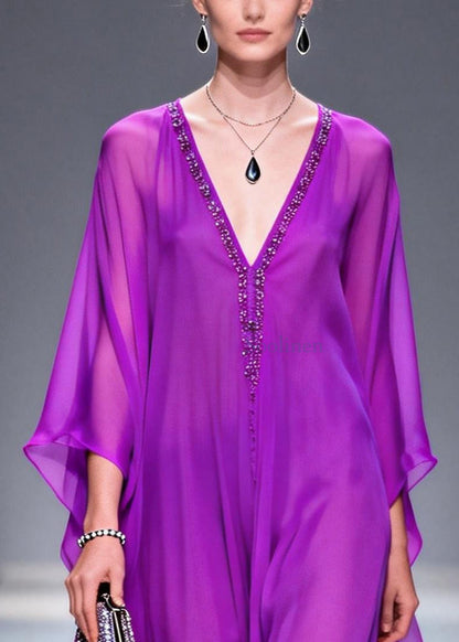Purple V Neck Zircon Draping Chiffon Dresses Summer