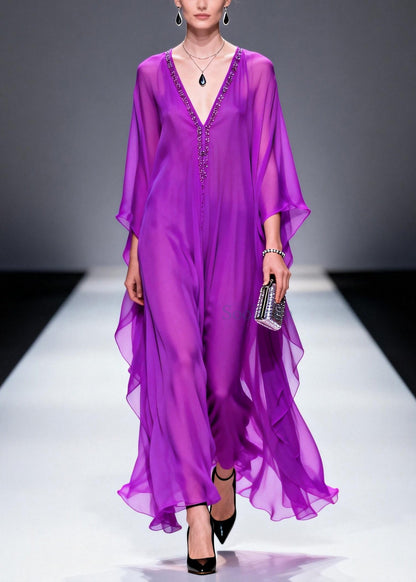 Purple V Neck Zircon Draping Chiffon Dresses Summer