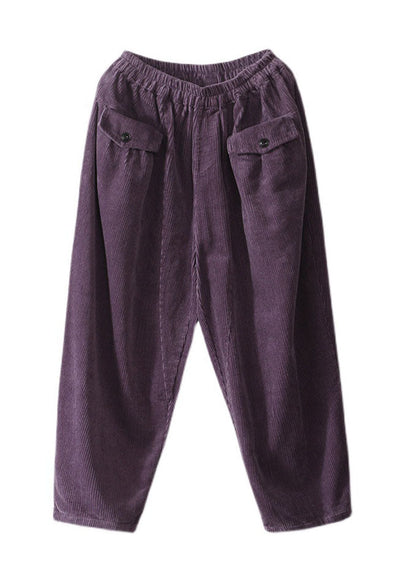 Purple Elastic Waist Pockets Corduroy Pants Spring