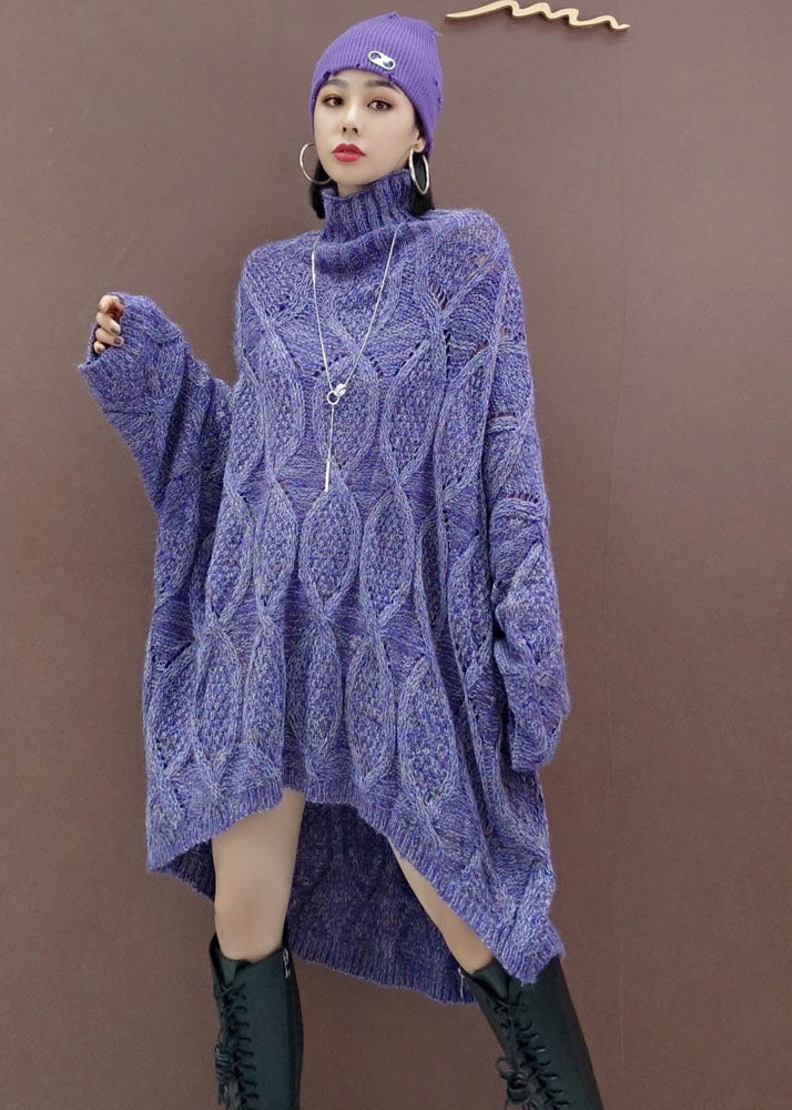 Purple Low High Design Long Knit Dress Spring