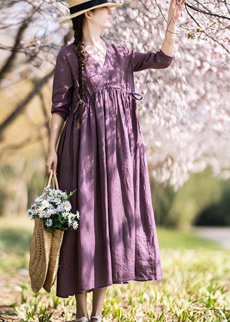 Purple Tie Waist V Neck Mid Summer Linen Dress