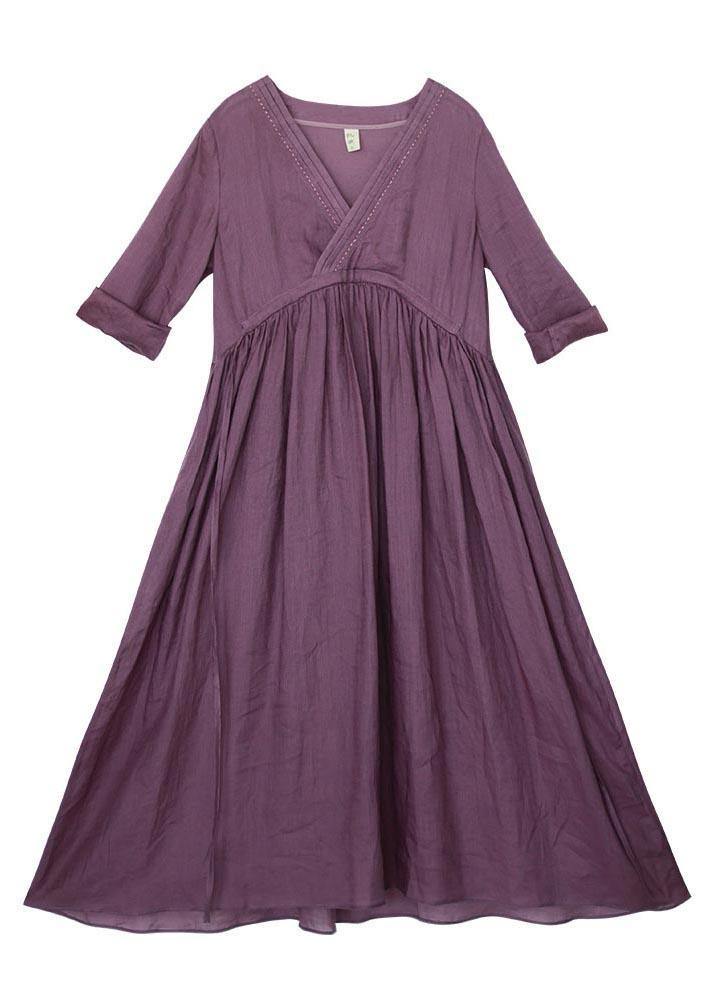 Purple Tie Waist V Neck Mid Summer Linen Dress