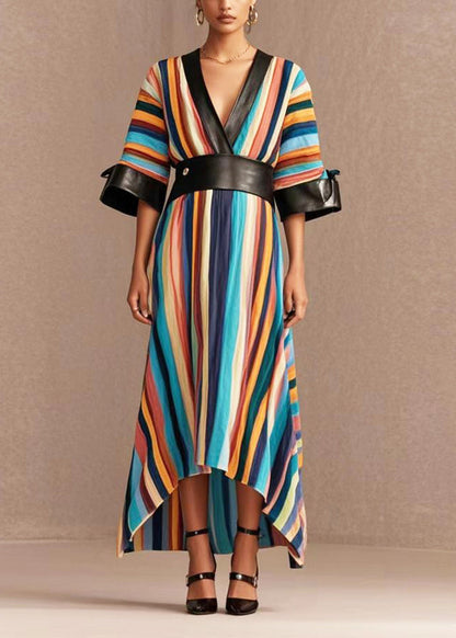 Rainbow Cinched Patchwork Pu Cotton Long Dress Summer