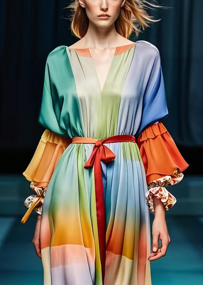 Rainbow Cinched Patchwork Silk Dress Lantern Sleeve