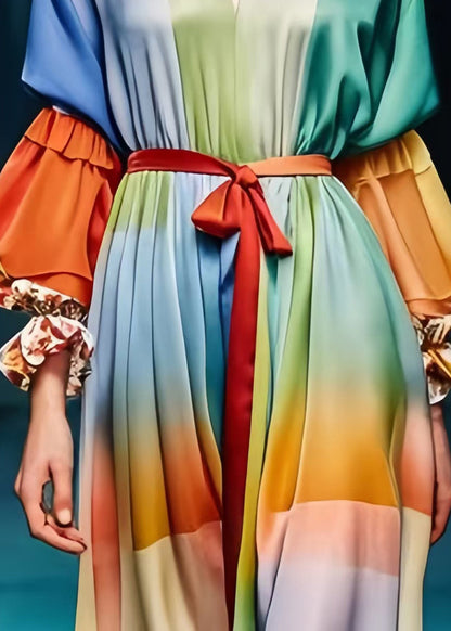 Rainbow Cinched Patchwork Silk Dress Lantern Sleeve