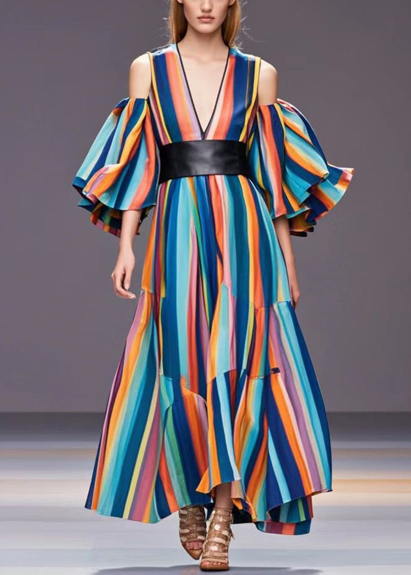 Rainbow Cold Shoulder Striped Cotton Cinched Dresses Spring