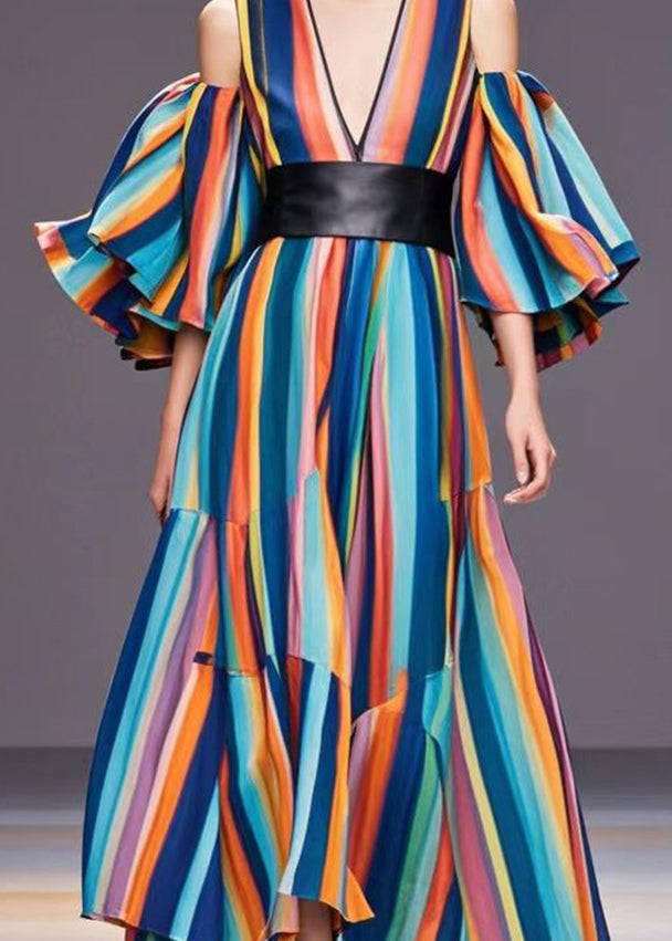 Rainbow Cold Shoulder Striped Cotton Cinched Dresses Spring