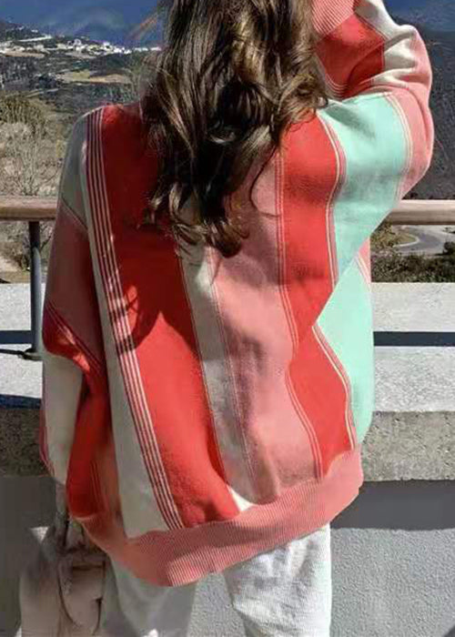 Rainbow O Neck Patchwork Cozy Cotton Knit Sweaters Spring