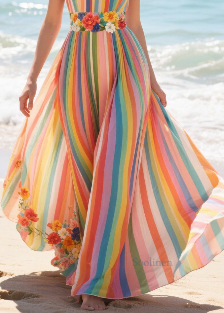 Rainbow Striped Exra Large Hem Chiffon Beach Dresses Summer