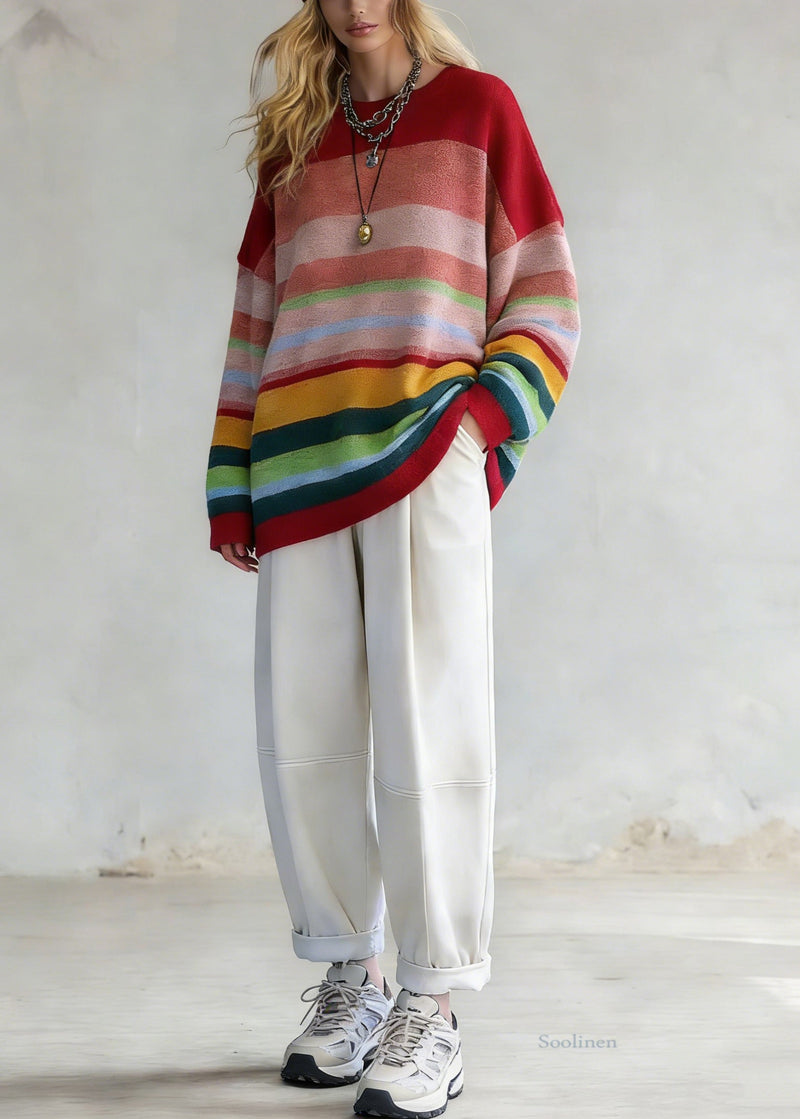 Rainbow Striped O-neck Knit Sweaters and White Pants Two Pieces Set Spring