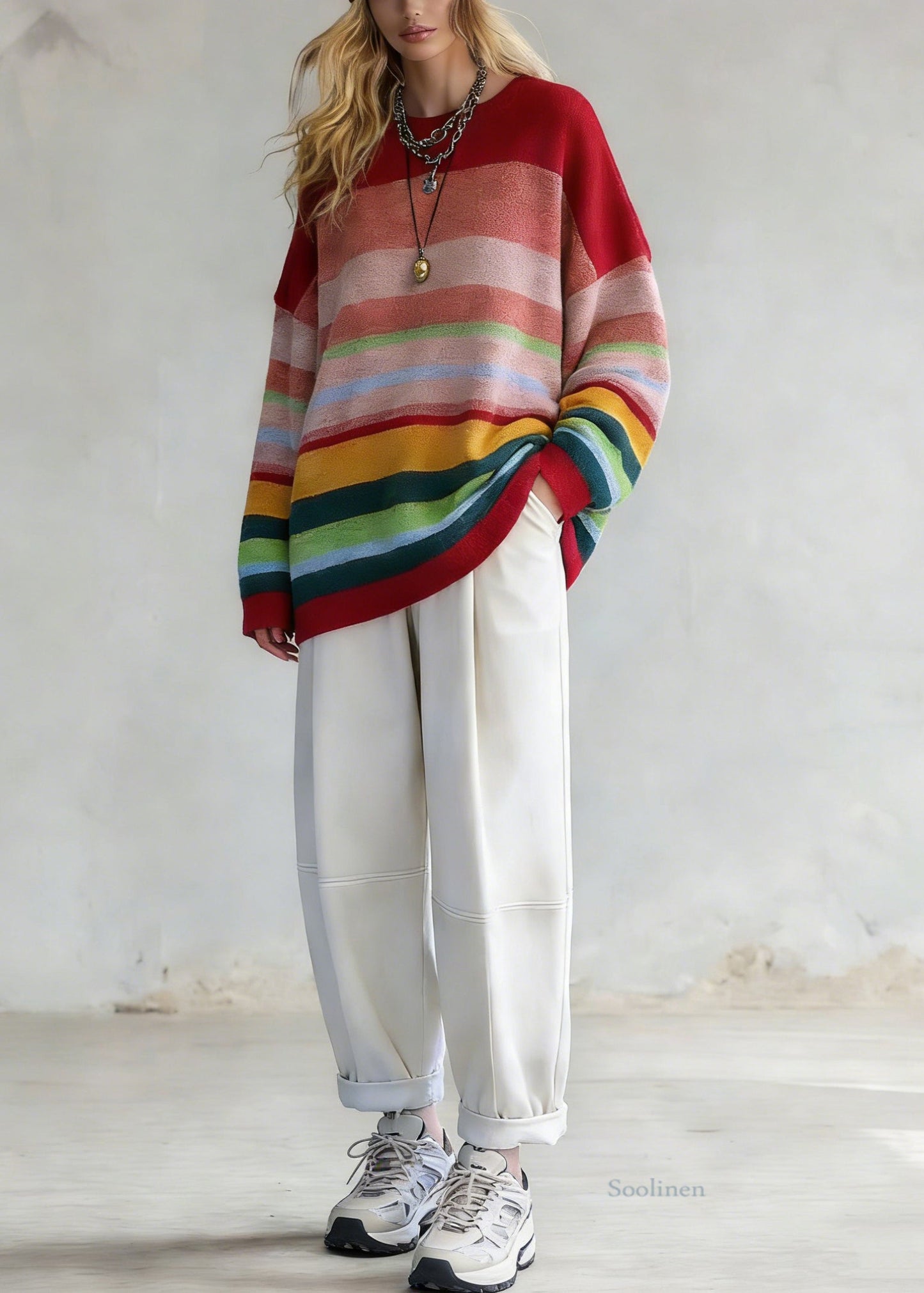 Rainbow Striped O-neck Knit Sweaters and White Pants Two Pieces Set Spring