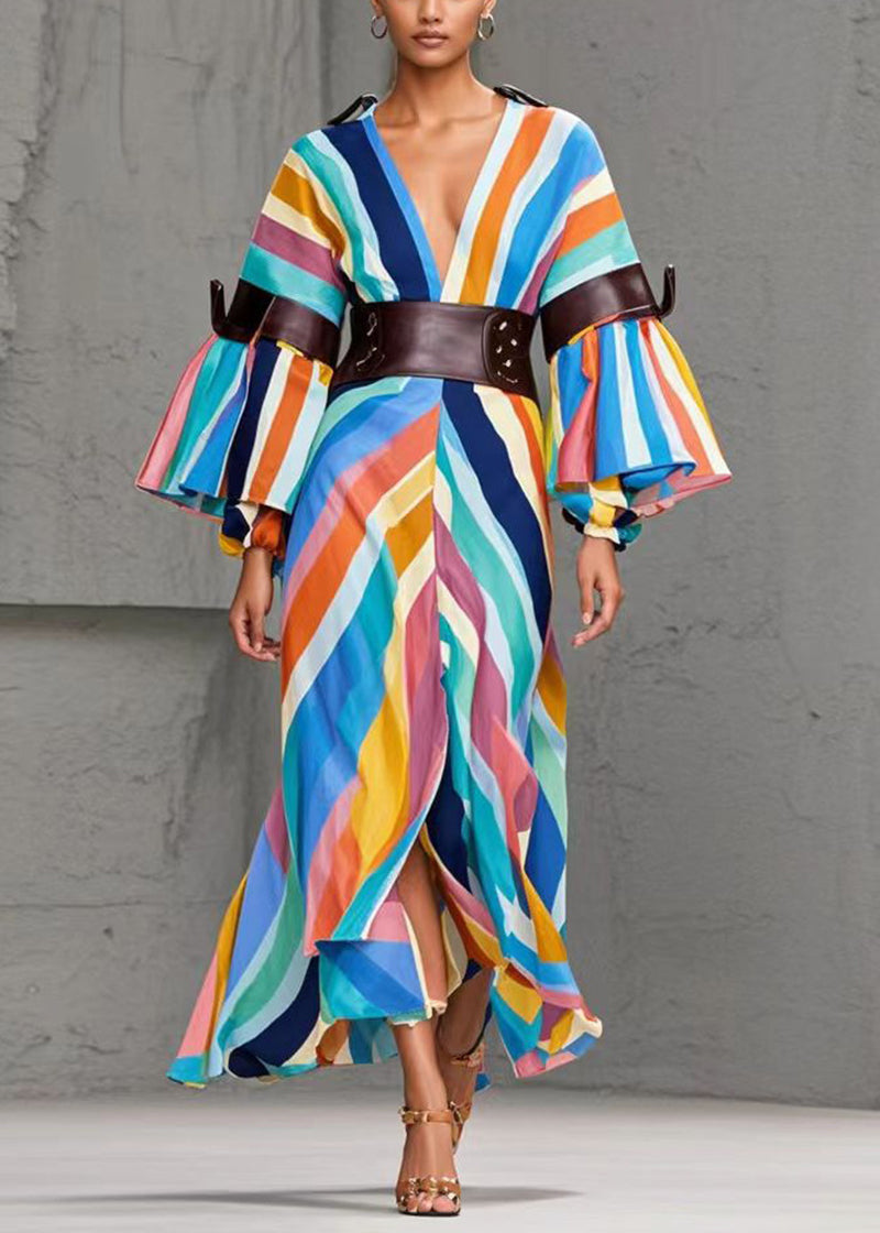 Rainbow Striped Side Open Cotton Cinched Dresses Spring