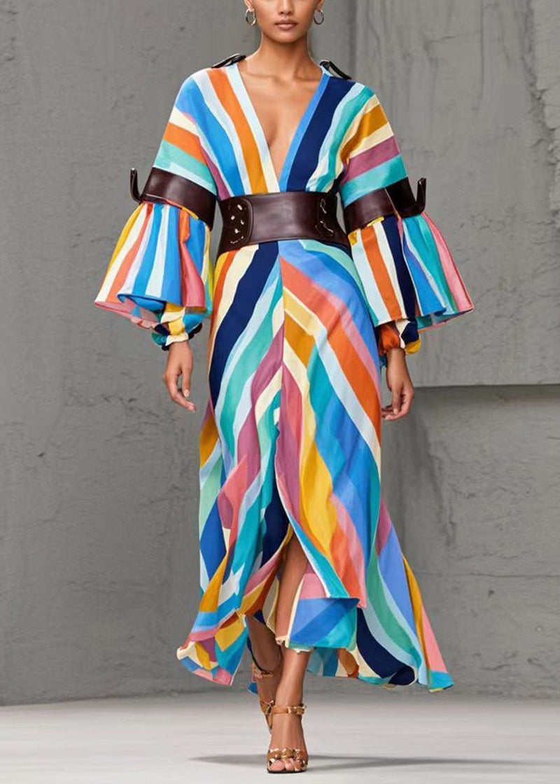 Rainbow Striped Side Open Cotton Cinched Dresses Spring