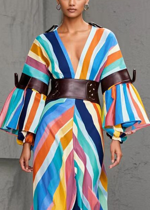 Rainbow Striped Side Open Cotton Cinched Dresses Spring