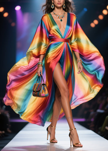 Rainbow V Neck Exra Large Hem Chiffon Holiday Dress Summer